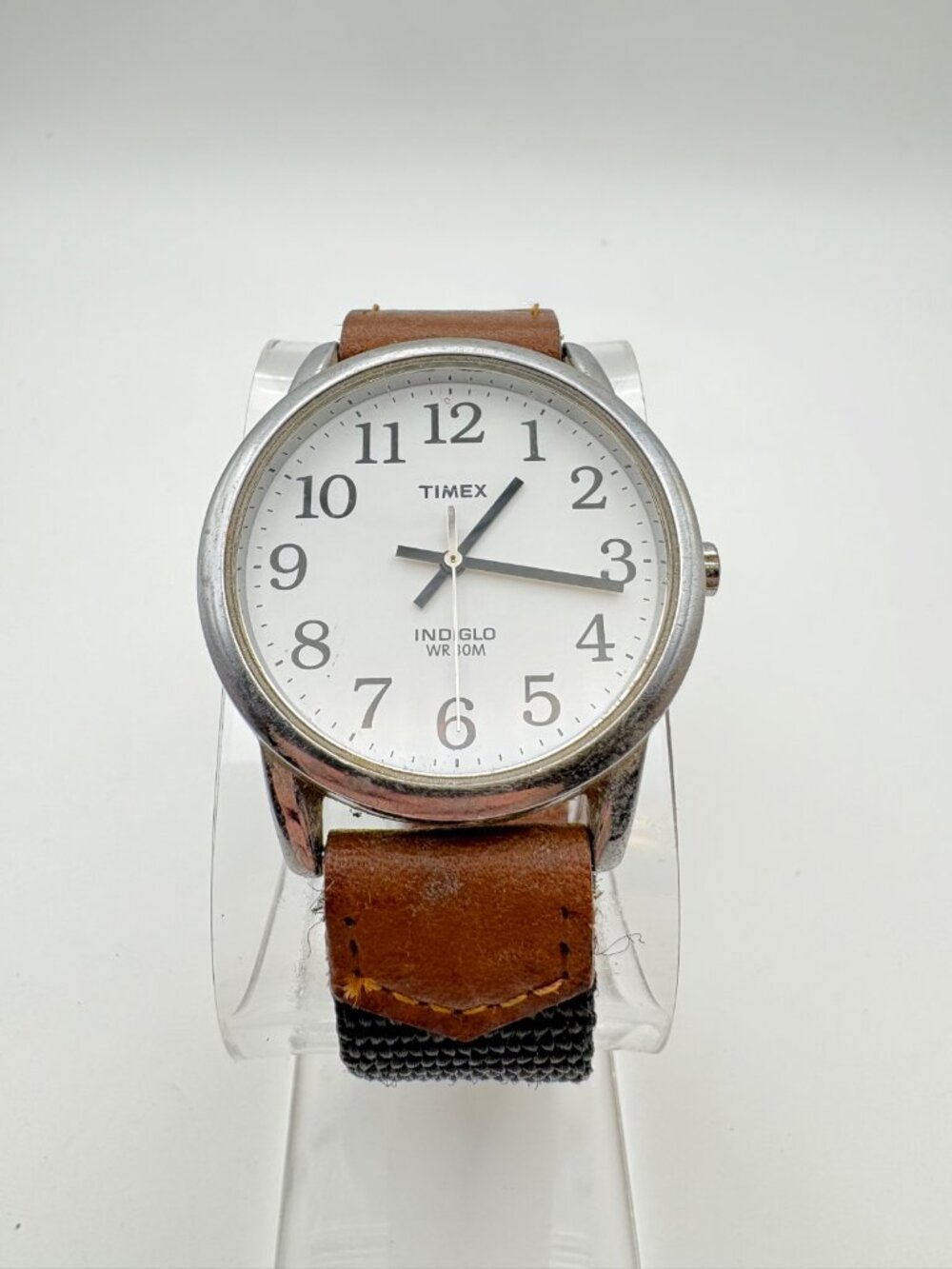 Timex Indiglo WR 30M Men Quartz Watch Silver Tone White Dial Brown Nylon Strap